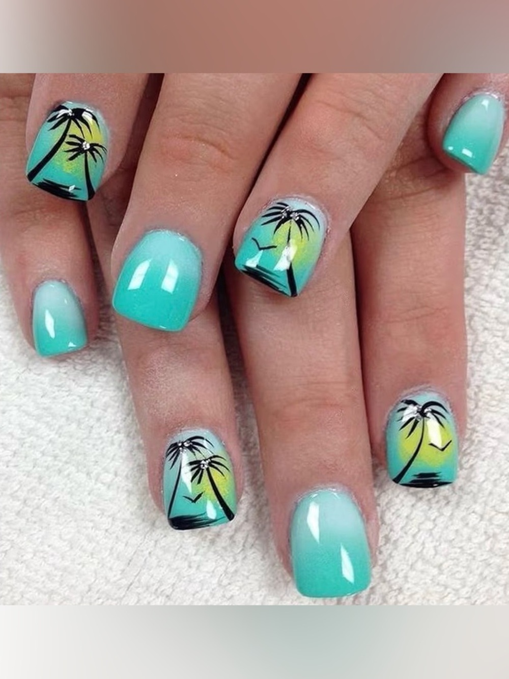 Summer Press on Nails Short Square Mint Green Sunset Beach Vacation Resort Art